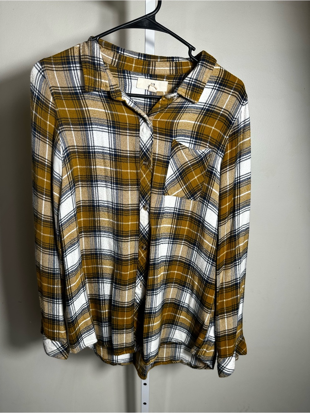 P382. Women's Mustard Plaid Button-Front Shirt - Casual Long Sleeve Top